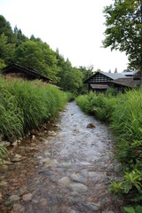 小川の流れる風景と日本家屋