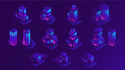 Fototapeta na wymiar Isometric city building set, vector illustration. Urban modern architecture, purple neon lighting.