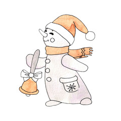 Watercolor illustration with cute and funny snowman. Hand drawn illustration for wrapping paper, textile, decorations.