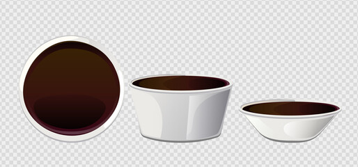 Soy asian sushi sauce in bowl. Realistic elements for food icon and design