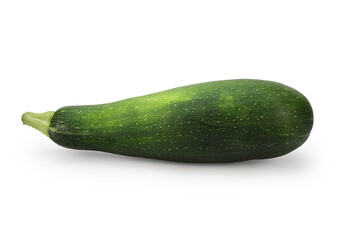 Ripe dark green zucchini with a yellowish side and yellow spots. Isolated on a white background