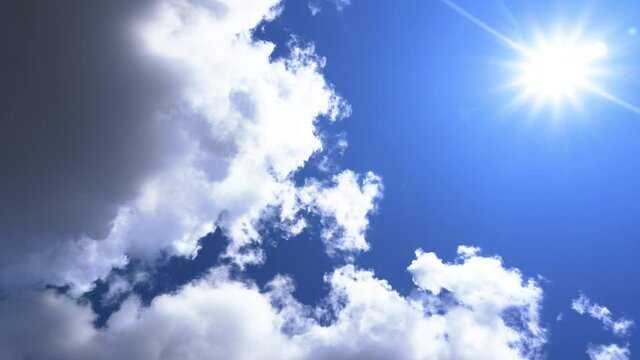 Beautiful blue sky with clouds background and bright sun. Sky clouds texture. Skyfall with clouds weather pattern nature cloud blue. Blue sky dream with fasty clouds