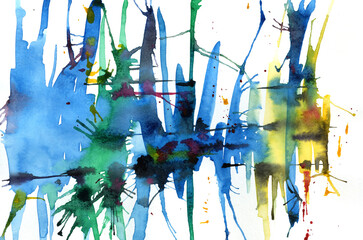 Abstract watercolor illustration, blue brush strokes and bursts of mood