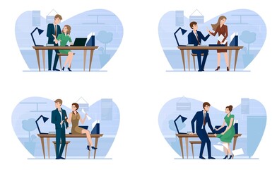 Sexual harassment in business office. Boss flirting with secretary, employee, vector illustration. Love affairs at work.