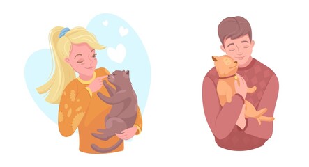 Happy pet owners with puppy and kitten, vector illustration. Girl and boy petting dog, cat. Domestic animals care, love.