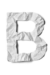 Crumpled Paper Texture Alphabet Letter B, White Creased Paper, Isolated on White Background.
