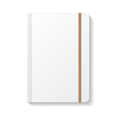 Blank white book or notebook rounded edges with brown elastic top view mockup template.