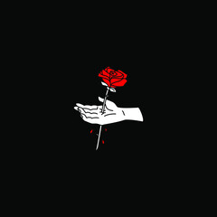 Vector illustration of a rose piercing the hand. Horror art on black background.