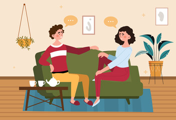 Family relax at home concept. Happy couple sitting on couch and chatting. Man and woman in their apartment. Husband and wife discuss day. Cartoon flat vector illustration for site and social network