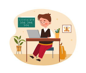Home school concept. Small boy with glasses sitting at desk and listening video lesson on laptop. Remote education via Internet. Cartoon flat vector illustration isolated on a white background