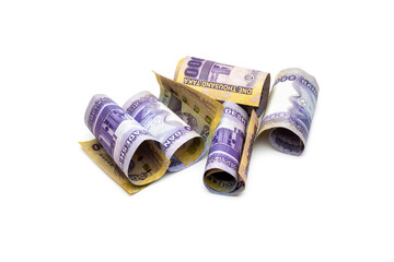 Few wrapped thousand taka bangladeshi banknotes on a white background