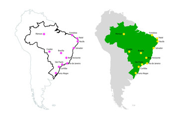 ブラジルの地図、都市名ベクターアイコンイラスト白背景素材