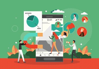 Man attracting male female characters clients with magnet, flat vector illustration. Customer retention, target audience