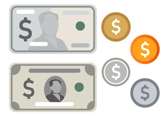 icon money USD dollar cash paper money currency banknotes coin simple color vector illustration