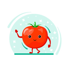 Cute cheerful tomato on a blue background. A funny vegetable in a cartoon style.