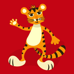 Funny tiger cub on a bright red background. A cute character waves his paw. The fire tiger is the symbol of the year 2022. A good luck charm . Exclusive vector for design, printing, individual use