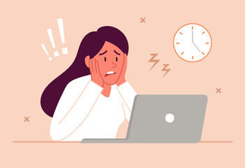 Fototapeta na wymiar Stress at work concept. Tired sad busy woman sitting in office at laptop. Employee worried about burning deadlines for project. Cartoon modern flat vector illustration isolated on pink background