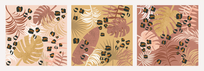 Abstract set of posters. Backgrounds with tropical leaves and leopard spots. Design elements for covers, wall decoration, social networks and printing on fabric. Cartoon textured vector collection