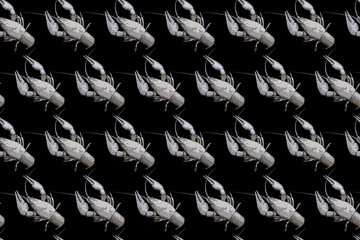 Seamless pattern with crayfish on black background. Endless crawfish texture. Raster illustration.