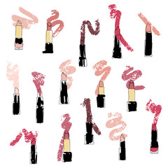 Vector hand drawn graphic fashion sketch lipstick. Trend colored glamour fashion illustration in vogue style