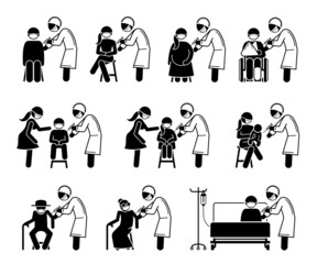 Vaccine vaccination injection for people stick figure pictogram icon. Vector illustrations depict doctor or nurse giving vaccine injection to man, woman, pregnant, children, baby, elderly and sick.
