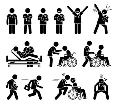 Male nurse and doctor attending to patient stick figure pictogram icon. Vector illustrations depict male nurse and doctor poses, working, and actions at hospital.