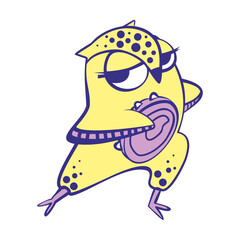 Yellow owl with a pink tambourine in his hands. Musical instrument. Flat style. Vector, illustration