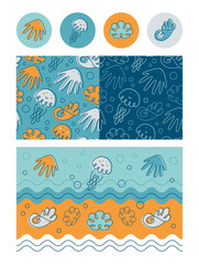 Fototapeta na wymiar A set of icons and seamless backgrounds of marine life. One line of octopus, jellyfish and shells. Funny simple drawings of the sea world.