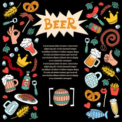 Vector colorful cover on the theme of beer, drinks, alcohol. Cartoon background with food, sausage, mugs, barells for use in design