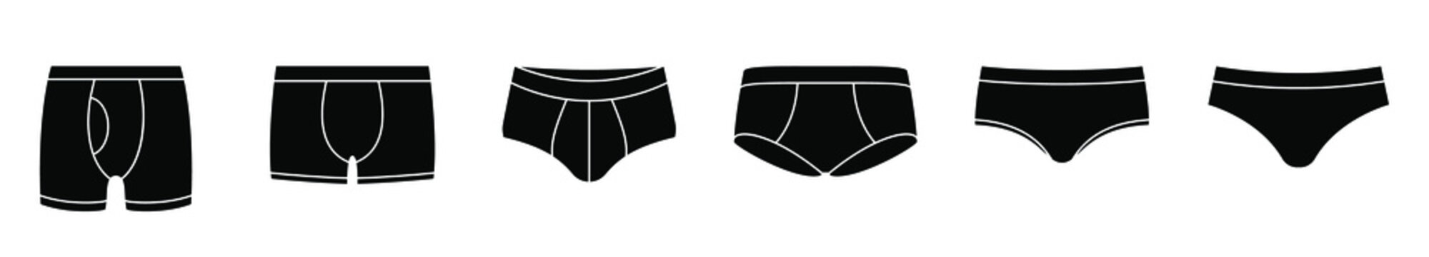 Underpants icon. Set of men's underwear icons. Vector illustration. Men's underpants vector icons. Black underwear icons