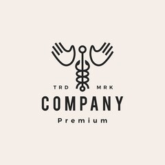 caduceus hand wing hipster vintage logo vector icon illustration