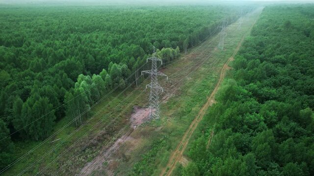 Electric high voltage alternative energy power far to the horizon and is located among the pure green forest. Drone aerial view. Ecology concept.
