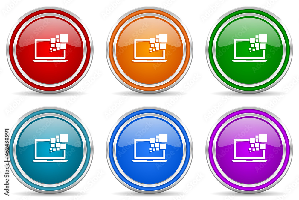 Poster laptop, notebook, computer silver metallic glossy icons, set of modern design buttons for web, inter