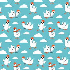 Seamless pattern with cartoon white goose birds. Background with funny seagulls in blue sky