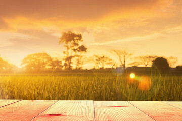 empty wooden table and meadows at sunrise