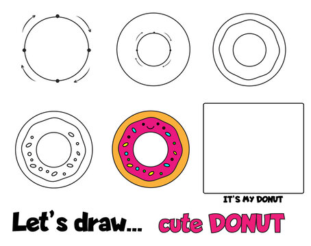 Drawing tutorial for children. Printable creative activity for kids. How to draw step by step donut