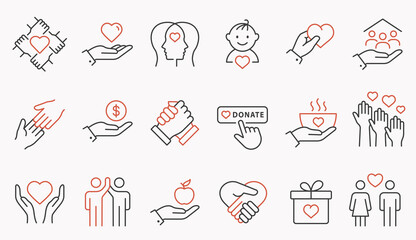 Charity line icon set. Collection of handshake, donate, volunteer, help, and more. Editable stroke.