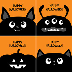 Black cat kitten head face, bat, monster, pumpkin set. Happy Halloween. Bones text font. Bone letter type. Cute cartoon pet character. Greeting card. Flat design. Orange background. Isolated.