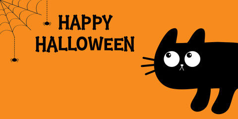 Naklejka premium Cat peeking around the corner. Cute kawaii cartoon baby pet. Bones text font. Spider web. Black kitten head face looking up. Happy Halloween. Greeting card print. Flat design. Orange background.