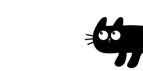 Cute cat peeking around the corner. Kawaii cartoon baby pet. Black kitten head face looking up. Happy Halloween. Greeting card print. Flat design. White background. Isolated.