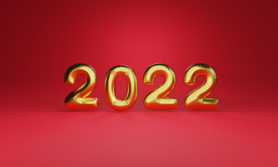 Golden 2022 year balloon with light glowing on red background for preparation merry Christmas and happy new year concept by 3d render technique.