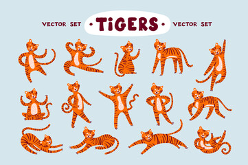 Vector cartoon set with funny tigers. Collection on the theme of wild nature and animals. Flat colorful illustrations for use in design