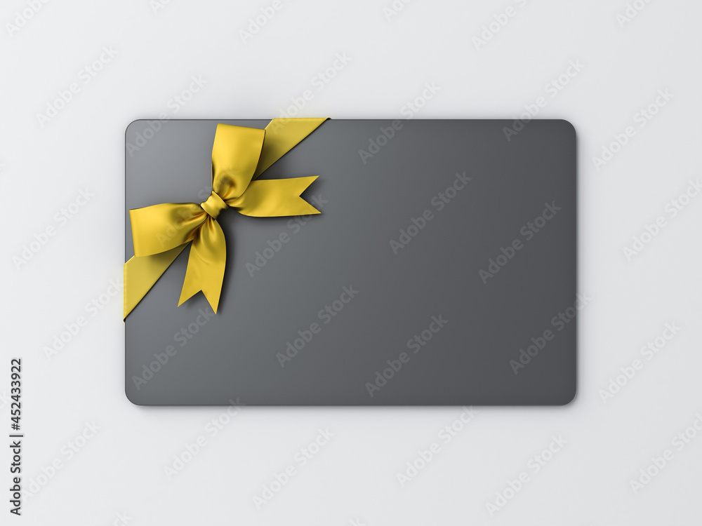 Poster blank black gift card with gold ribbon bow isolated on white background with shadow minimal concept 