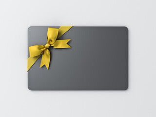 Blank black gift card with gold ribbon bow isolated on white background with shadow minimal concept 3D rendering