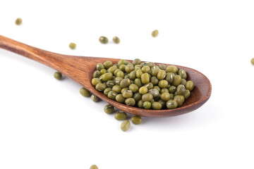 A spoonful of mung beans on a white background