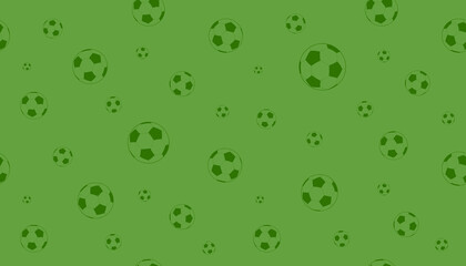 Seamless pattern of soccer balls on a green background.
