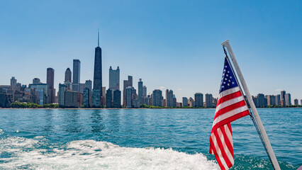 Sightseeing cruise on Chicago River on a sunny day - CHICAGO, ILLINOIS - JUNE 11, 2019