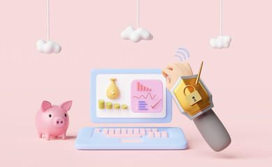 laptop computer with charts,graph,shield,businessman hand,cloud,money,piggy bank isolated on pink.Internet security or privacy protection or ransomware protect concept,3d illustration or 3d render