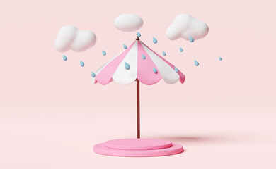 stage podium empty with umbrella,cloud,drop rain water isolated on pink background,protection and security concept ,3d illustration or 3d render