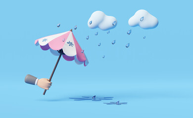 businessman hands hold umbrella with cloud,drop rain water isolated on blue background,protection and security concept ,3d illustration or 3d render
